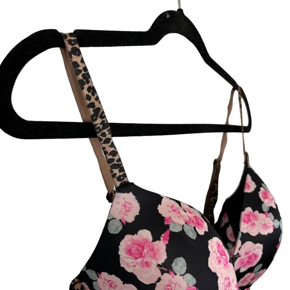 VICTORIA'S SECRET PUSH UP Black Pink Floral Leopard Print Underwire Bra 34DD - Picture 11 of 16